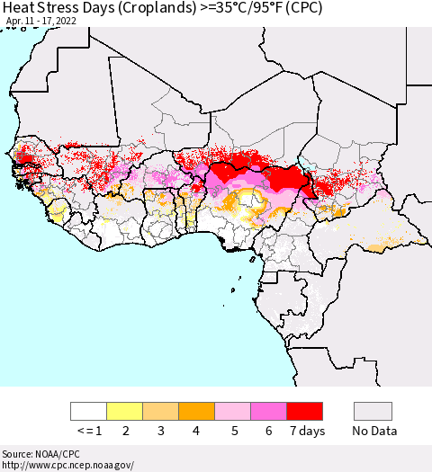 Western Africa Heat Stress Days (Croplands) >=35°C/95°F (CPC) Thematic Map For 4/11/2022 - 4/17/2022