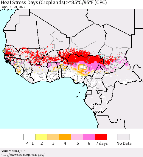 Western Africa Heat Stress Days (Croplands) >=35°C/95°F (CPC) Thematic Map For 4/18/2022 - 4/24/2022