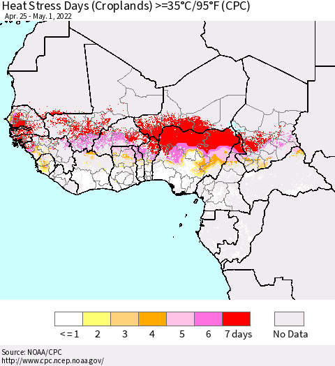 Western Africa Heat Stress Days (Croplands) >=35°C/95°F (CPC) Thematic Map For 4/25/2022 - 5/1/2022