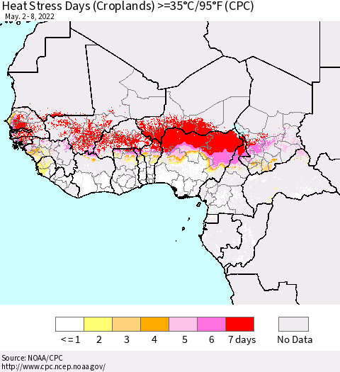 Western Africa Heat Stress Days (Croplands) >=35°C/95°F (CPC) Thematic Map For 5/2/2022 - 5/8/2022