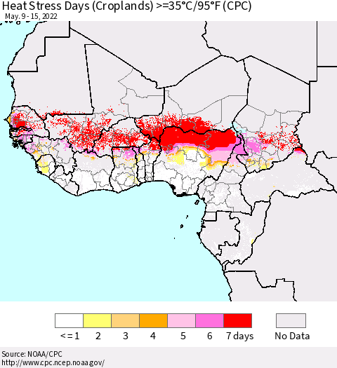 Western Africa Heat Stress Days (Croplands) >=35°C/95°F (CPC) Thematic Map For 5/9/2022 - 5/15/2022