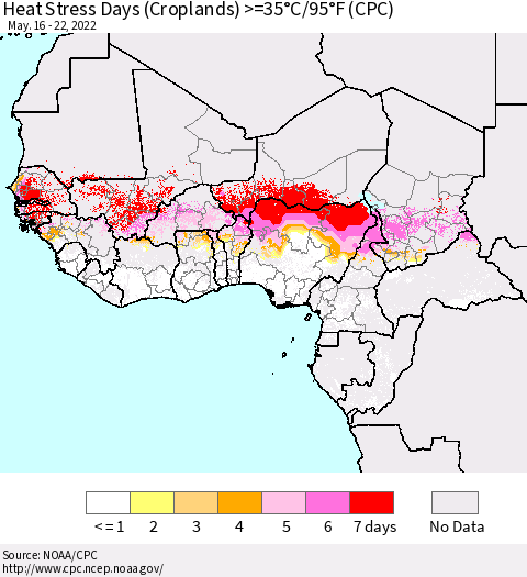 Western Africa Heat Stress Days (Croplands) >=35°C/95°F (CPC) Thematic Map For 5/16/2022 - 5/22/2022