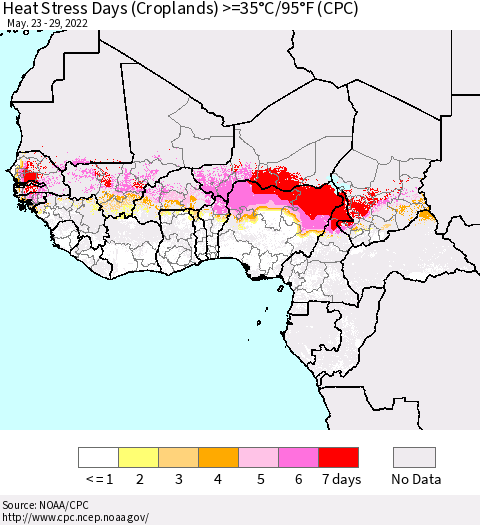 Western Africa Heat Stress Days (Croplands) >=35°C/95°F (CPC) Thematic Map For 5/23/2022 - 5/29/2022