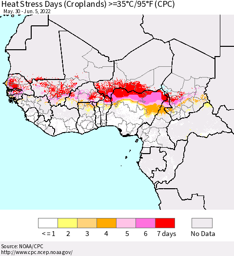 Western Africa Heat Stress Days (Croplands) >=35°C/95°F (CPC) Thematic Map For 5/30/2022 - 6/5/2022