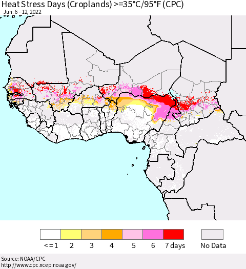Western Africa Heat Stress Days (Croplands) >=35°C/95°F (CPC) Thematic Map For 6/6/2022 - 6/12/2022