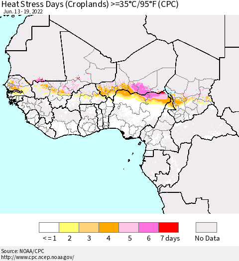 Western Africa Heat Stress Days (Croplands) >=35°C/95°F (CPC) Thematic Map For 6/13/2022 - 6/19/2022
