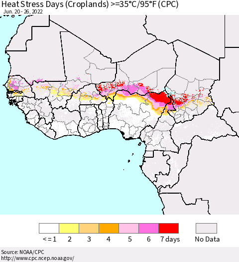 Western Africa Heat Stress Days (Croplands) >=35°C/95°F (CPC) Thematic Map For 6/20/2022 - 6/26/2022