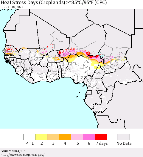 Western Africa Heat Stress Days (Croplands) >=35°C/95°F (CPC) Thematic Map For 7/4/2022 - 7/10/2022