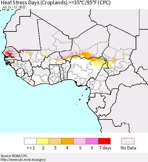 Western Africa Heat Stress Days (Croplands) >=35°C/95°F (CPC) Thematic Map For 7/11/2022 - 7/17/2022