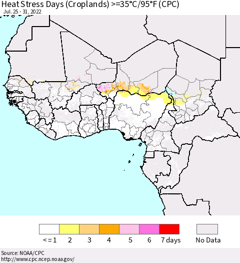 Western Africa Heat Stress Days (Croplands) >=35°C/95°F (CPC) Thematic Map For 7/25/2022 - 7/31/2022
