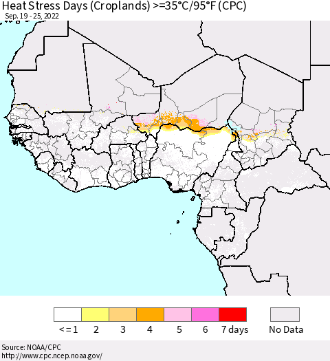 Western Africa Heat Stress Days (Croplands) >=35°C/95°F (CPC) Thematic Map For 9/19/2022 - 9/25/2022