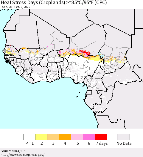 Western Africa Heat Stress Days (Croplands) >=35°C/95°F (CPC) Thematic Map For 9/26/2022 - 10/2/2022