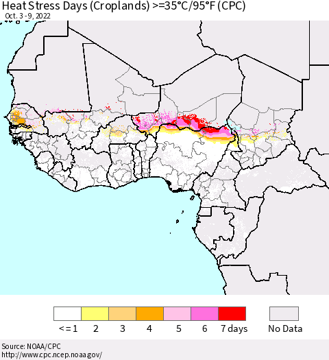 Western Africa Heat Stress Days (Croplands) >=35°C/95°F (CPC) Thematic Map For 10/3/2022 - 10/9/2022
