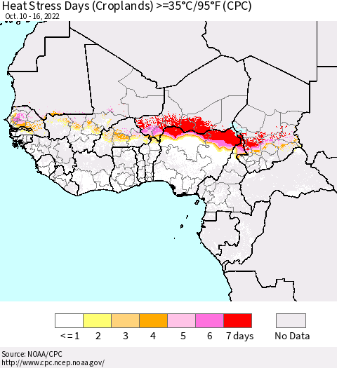 Western Africa Heat Stress Days (Croplands) >=35°C/95°F (CPC) Thematic Map For 10/10/2022 - 10/16/2022