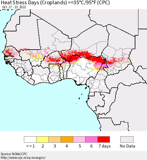 Western Africa Heat Stress Days (Croplands) >=35°C/95°F (CPC) Thematic Map For 10/17/2022 - 10/23/2022