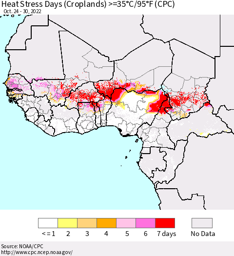 Western Africa Heat Stress Days (Croplands) >=35°C/95°F (CPC) Thematic Map For 10/24/2022 - 10/30/2022