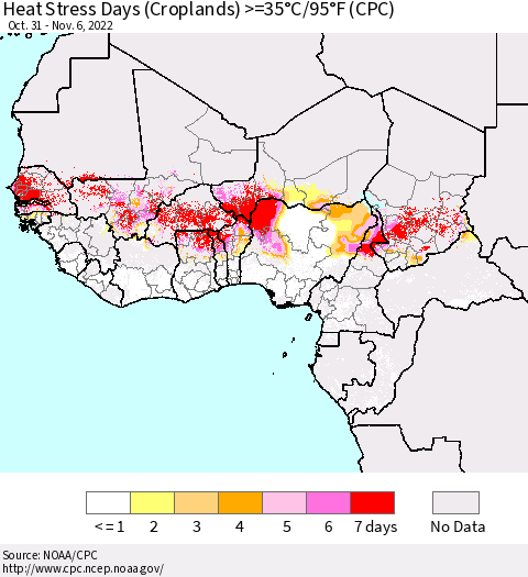 Western Africa Heat Stress Days (Croplands) >=35°C/95°F (CPC) Thematic Map For 10/31/2022 - 11/6/2022
