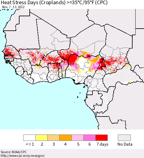 Western Africa Heat Stress Days (Croplands) >=35°C/95°F (CPC) Thematic Map For 11/7/2022 - 11/13/2022
