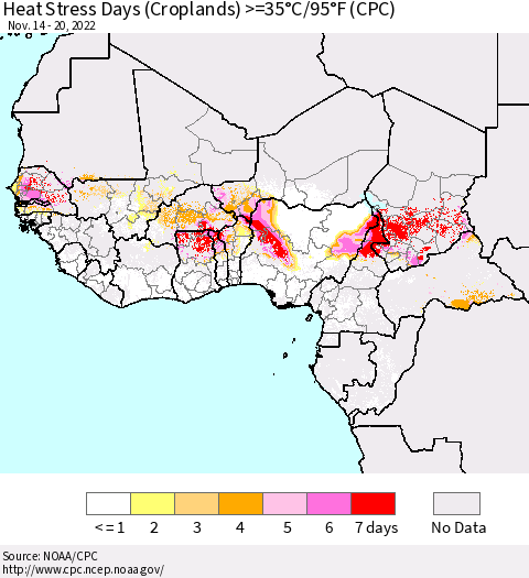 Western Africa Heat Stress Days (Croplands) >=35°C/95°F (CPC) Thematic Map For 11/14/2022 - 11/20/2022