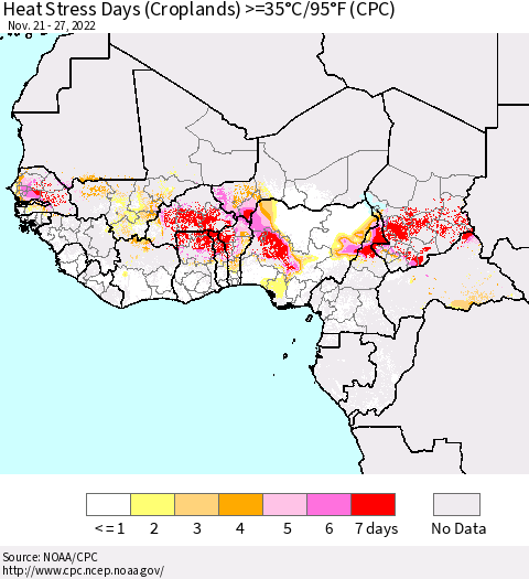 Western Africa Heat Stress Days (Croplands) >=35°C/95°F (CPC) Thematic Map For 11/21/2022 - 11/27/2022