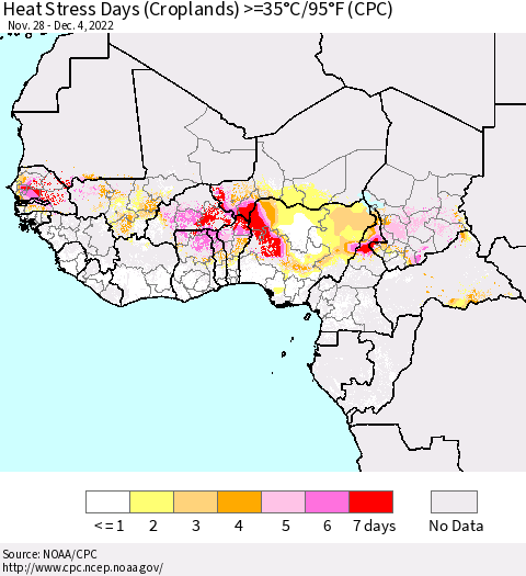 Western Africa Heat Stress Days (Croplands) >=35°C/95°F (CPC) Thematic Map For 11/28/2022 - 12/4/2022