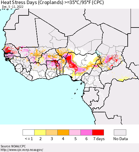 Western Africa Heat Stress Days (Croplands) >=35°C/95°F (CPC) Thematic Map For 12/5/2022 - 12/11/2022