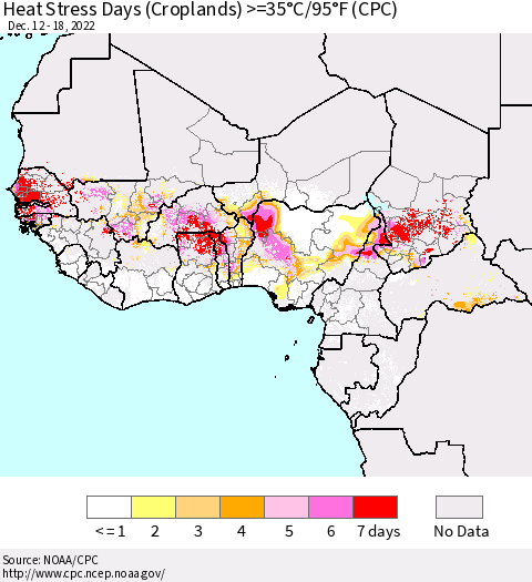 Western Africa Heat Stress Days (Croplands) >=35°C/95°F (CPC) Thematic Map For 12/12/2022 - 12/18/2022