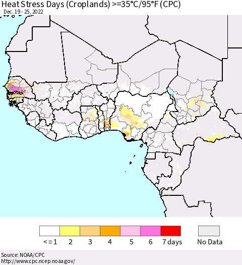 Western Africa Heat Stress Days (Croplands) >=35°C/95°F (CPC) Thematic Map For 12/19/2022 - 12/25/2022