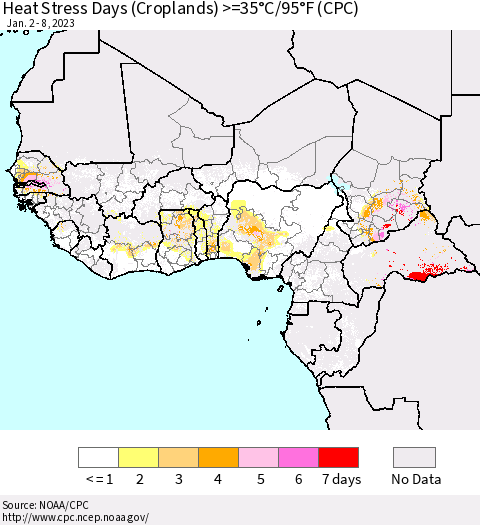 Western Africa Heat Stress Days (Croplands) >=35°C/95°F (CPC) Thematic Map For 1/2/2023 - 1/8/2023