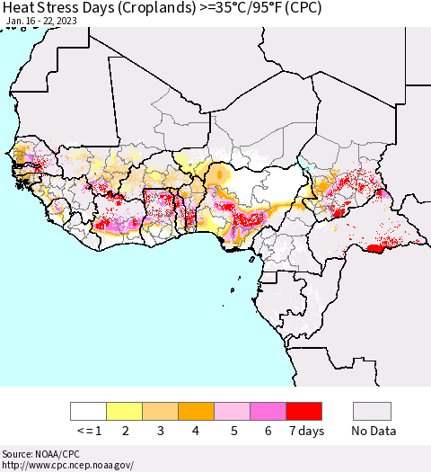 Western Africa Heat Stress Days (Croplands) >=35°C/95°F (CPC) Thematic Map For 1/16/2023 - 1/22/2023