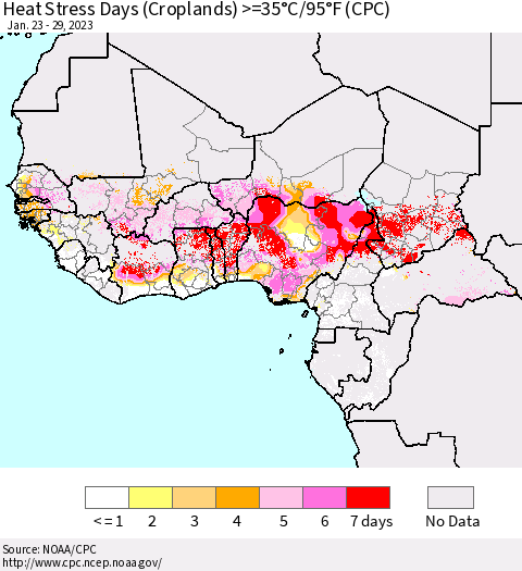 Western Africa Heat Stress Days (Croplands) >=35°C/95°F (CPC) Thematic Map For 1/23/2023 - 1/29/2023