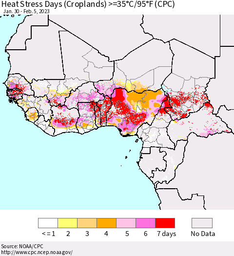 Western Africa Heat Stress Days (Croplands) >=35°C/95°F (CPC) Thematic Map For 1/30/2023 - 2/5/2023