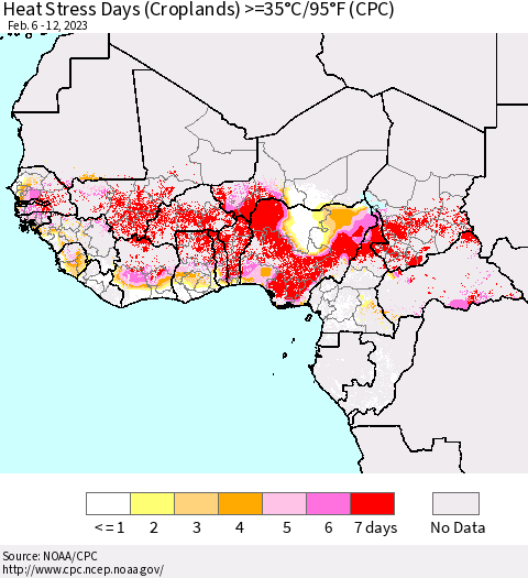 Western Africa Heat Stress Days (Croplands) >=35°C/95°F (CPC) Thematic Map For 2/6/2023 - 2/12/2023