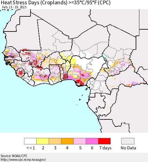 Western Africa Heat Stress Days (Croplands) >=35°C/95°F (CPC) Thematic Map For 2/13/2023 - 2/19/2023