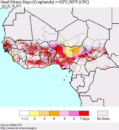 Western Africa Heat Stress Days (Croplands) >=35°C/95°F (CPC) Thematic Map For 2/20/2023 - 2/26/2023