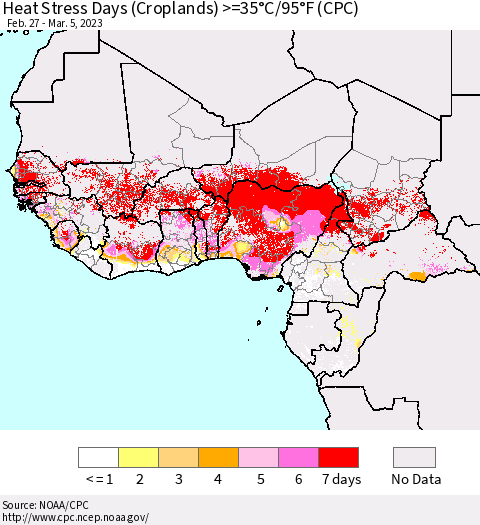 Western Africa Heat Stress Days (Croplands) >=35°C/95°F (CPC) Thematic Map For 2/27/2023 - 3/5/2023