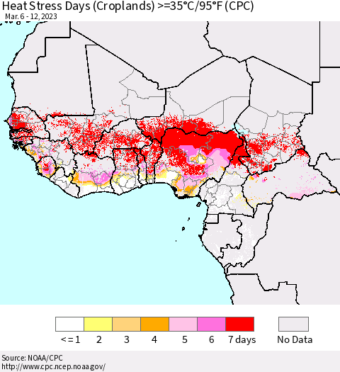 Western Africa Heat Stress Days (Croplands) >=35°C/95°F (CPC) Thematic Map For 3/6/2023 - 3/12/2023