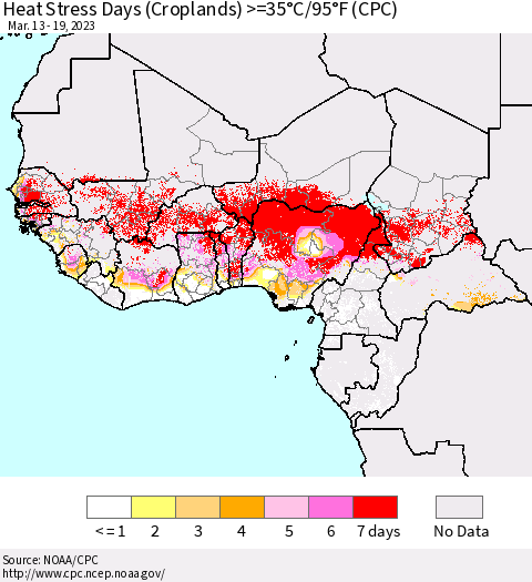 Western Africa Heat Stress Days (Croplands) >=35°C/95°F (CPC) Thematic Map For 3/13/2023 - 3/19/2023