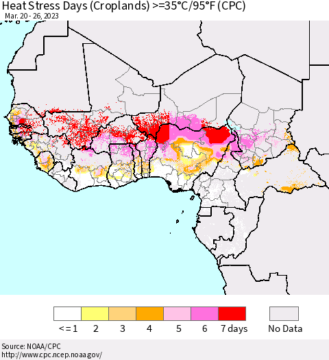 Western Africa Heat Stress Days (Croplands) >=35°C/95°F (CPC) Thematic Map For 3/20/2023 - 3/26/2023