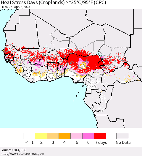Western Africa Heat Stress Days (Croplands) >=35°C/95°F (CPC) Thematic Map For 3/27/2023 - 4/2/2023