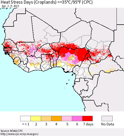Western Africa Heat Stress Days (Croplands) >=35°C/95°F (CPC) Thematic Map For 4/3/2023 - 4/9/2023