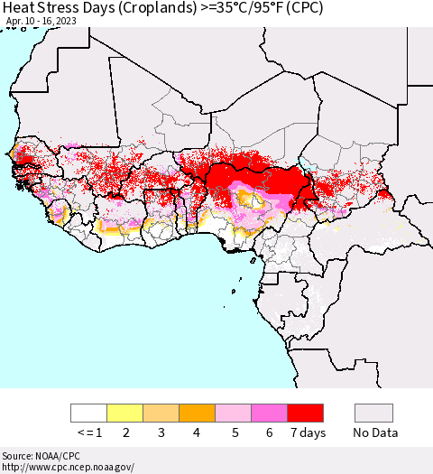 Western Africa Heat Stress Days (Croplands) >=35°C/95°F (CPC) Thematic Map For 4/10/2023 - 4/16/2023
