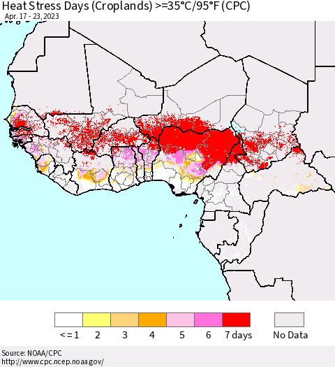 Western Africa Heat Stress Days (Croplands) >=35°C/95°F (CPC) Thematic Map For 4/17/2023 - 4/23/2023