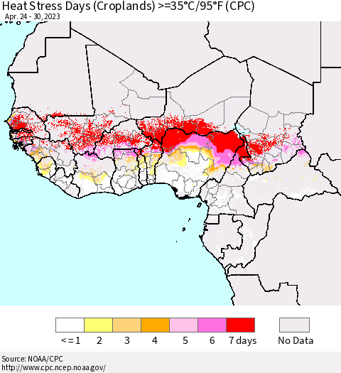 Western Africa Heat Stress Days (Croplands) >=35°C/95°F (CPC) Thematic Map For 4/24/2023 - 4/30/2023