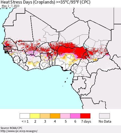 Western Africa Heat Stress Days (Croplands) >=35°C/95°F (CPC) Thematic Map For 5/1/2023 - 5/7/2023