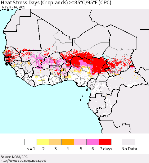 Western Africa Heat Stress Days (Croplands) >=35°C/95°F (CPC) Thematic Map For 5/8/2023 - 5/14/2023