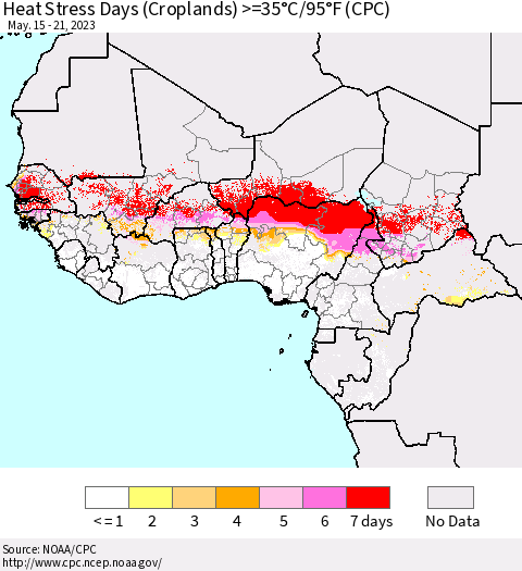 Western Africa Heat Stress Days (Croplands) >=35°C/95°F (CPC) Thematic Map For 5/15/2023 - 5/21/2023