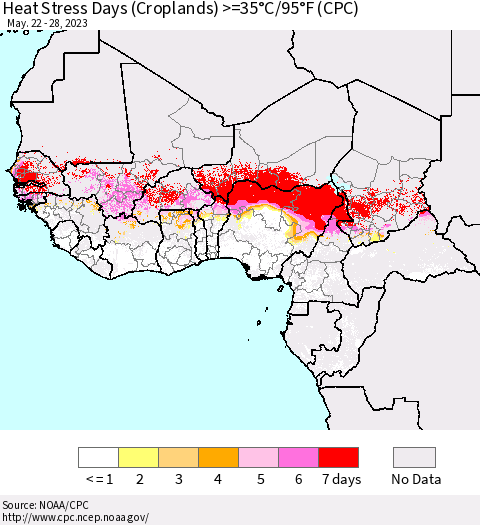 Western Africa Heat Stress Days (Croplands) >=35°C/95°F (CPC) Thematic Map For 5/22/2023 - 5/28/2023
