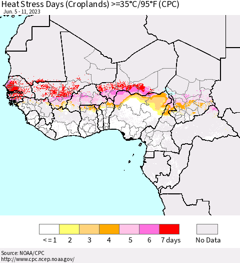 Western Africa Heat Stress Days (Croplands) >=35°C/95°F (CPC) Thematic Map For 6/5/2023 - 6/11/2023