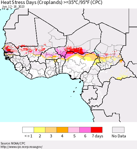 Western Africa Heat Stress Days (Croplands) >=35°C/95°F (CPC) Thematic Map For 6/12/2023 - 6/18/2023